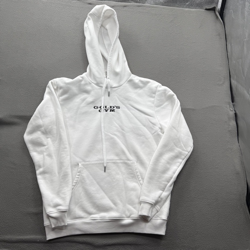 Gold's Gym Hoodie Sweatshirt Mens Medium White Fleece Kangaroo Pocket Logo